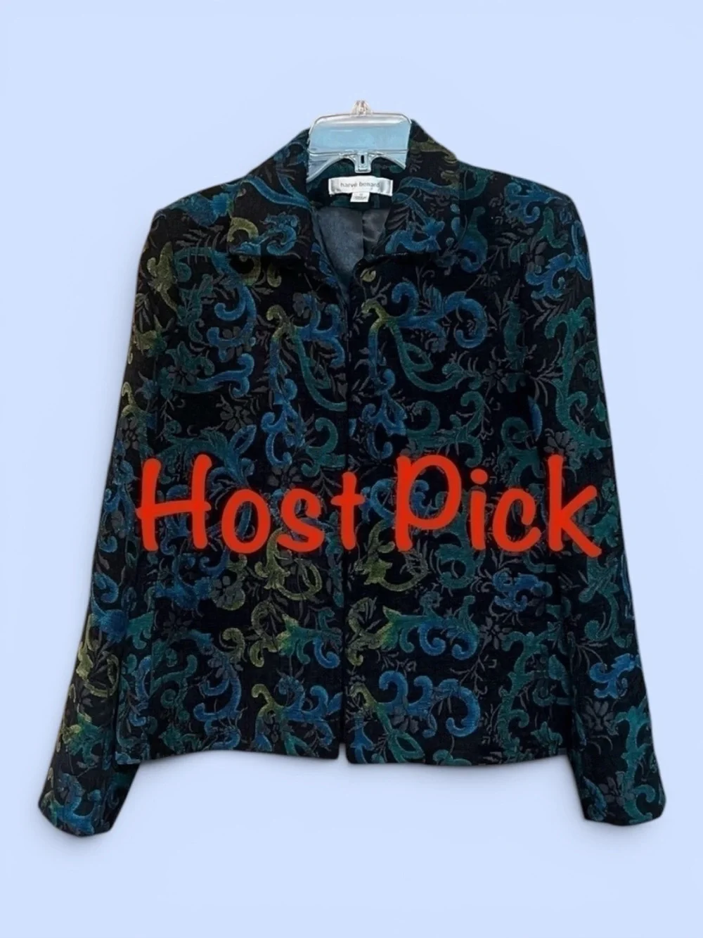 Harvé Benard Black Teal‎ Velvet Damask Open Front Jacket Blazer Sz 12